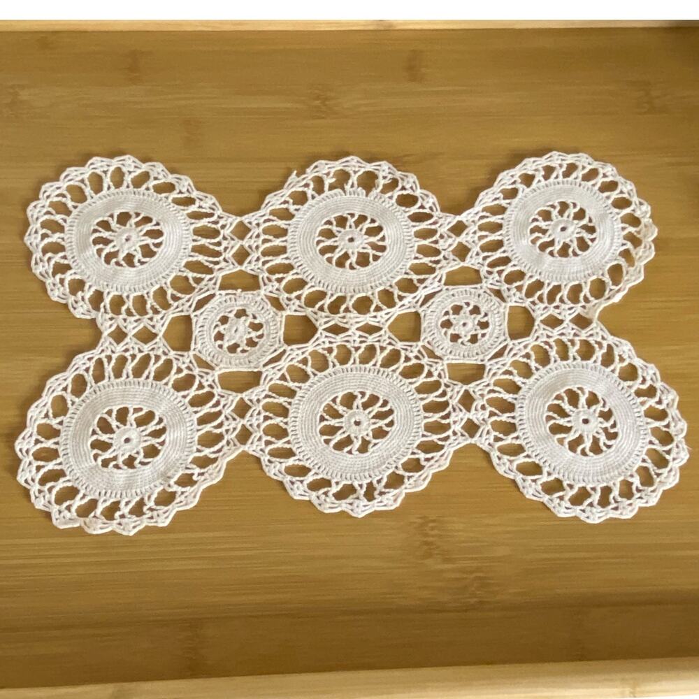 Vintage Handmade Crochet Floral Medallion Table Runner 12x7.5 Cotton Lace Decor